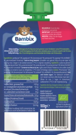 Bambix Bio Knijpzakje Appel, Perzik, Banaan, Peer en Haver 10+ (100 gr)