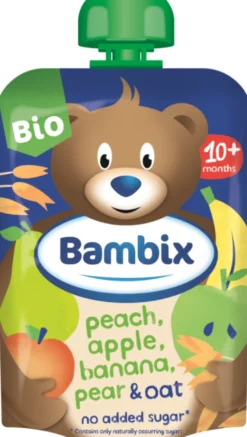 Bambix Bio Knijpzakje Appel, Perzik, Banaan, Peer en Haver 10+ (100 gr)