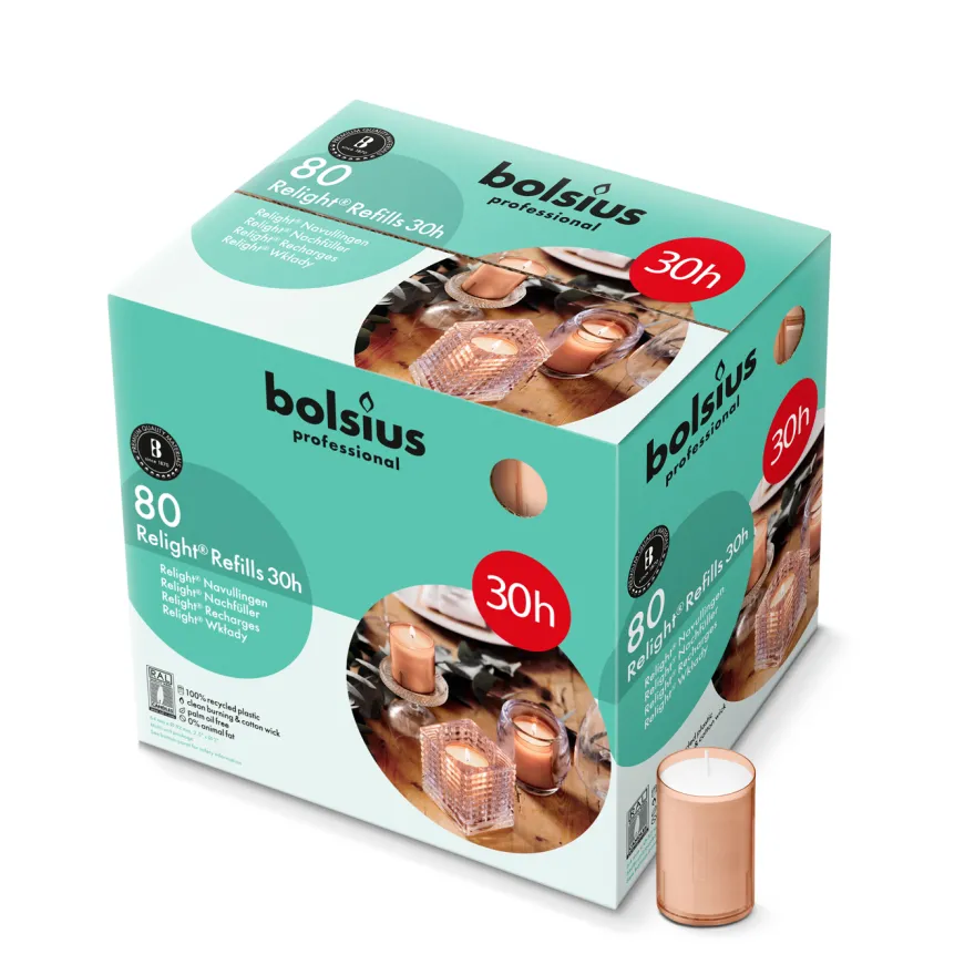 Bolsius Horeca Relight® Plus Navullingen 64/52 Zacht Roze (80 stuks)