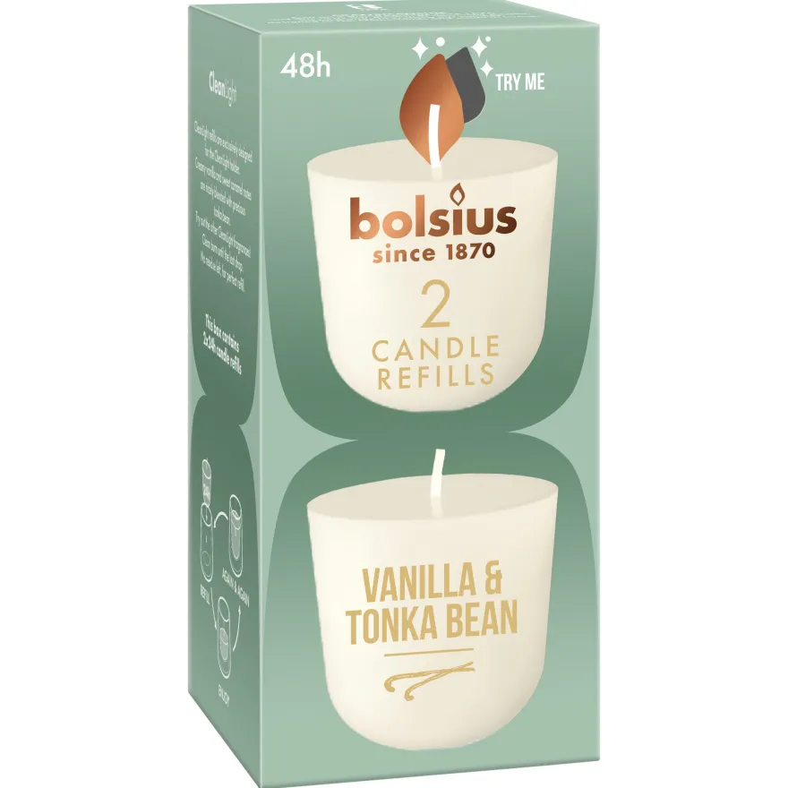 Bolsius Navulling Clean Light pack 2 Vanille & Tonkaboon (2 stuks)