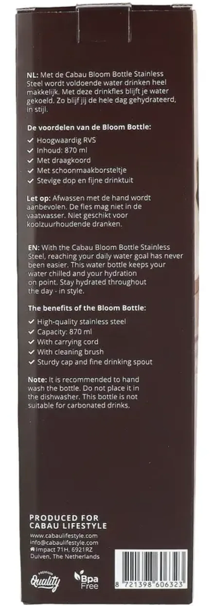 Cabau Bloom Bottle Stainless Steel Chocolate (1 stuk)