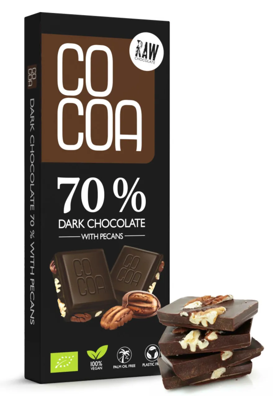 Cocoa 70% Dark Chocolate Pecan Reep (40 gr)