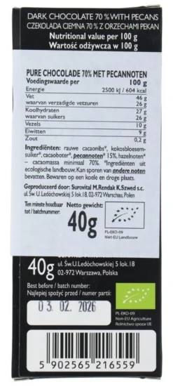Cocoa 70% Dark Chocolate Pecan Reep (40 gr)