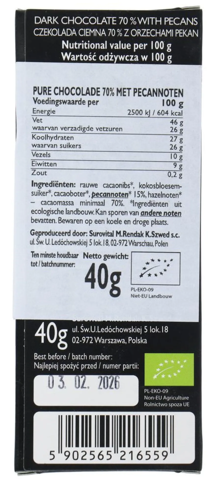 Cocoa 70% Dark Chocolate Pecan Reep (40 gr)