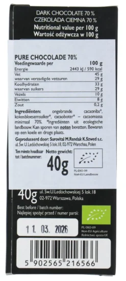 Cocoa 70% Dark Chocolate Reep (40 gr)