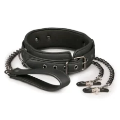 Easytoys Fetish Collection – Leather Collar with Nipple Chains Zwart (1 stuk)