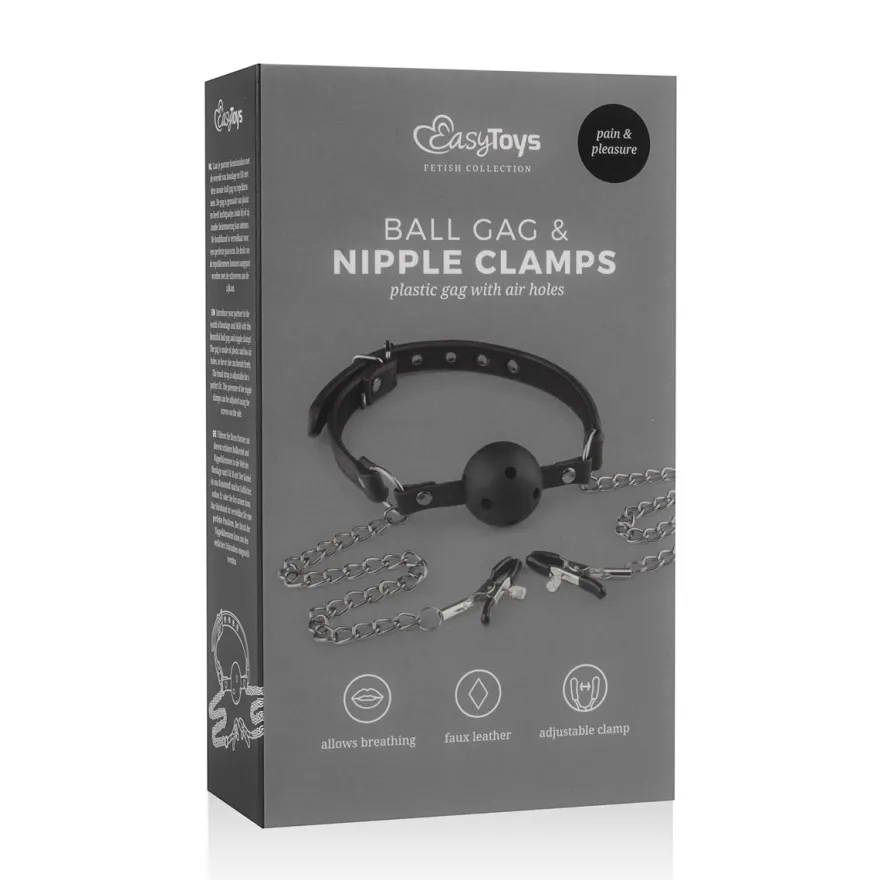 Easytoys Fetish Collection – Open Ball Gag with Nipple Clamps Zwart (1 stuk)
