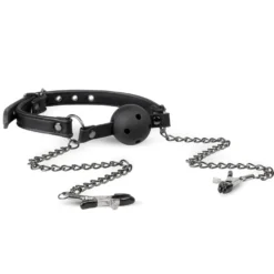 Easytoys Fetish Collection – Open Ball Gag with Nipple Clamps Zwart (1 stuk)