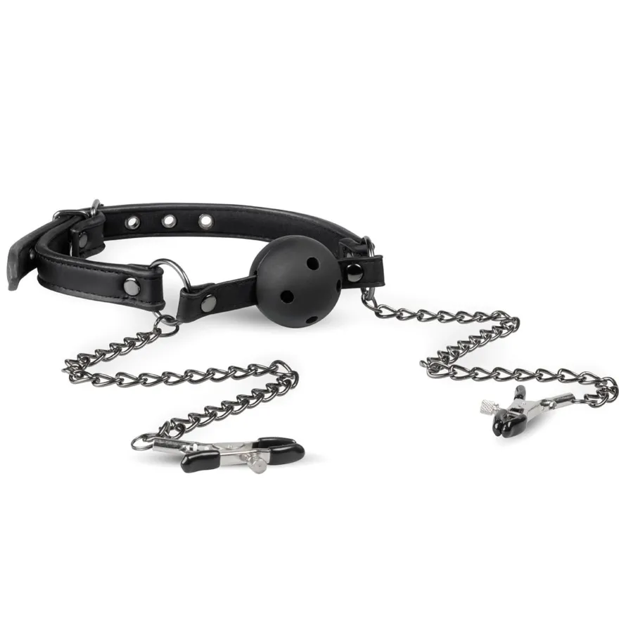 Easytoys Fetish Collection – Open Ball Gag with Nipple Clamps Zwart (1 stuk)