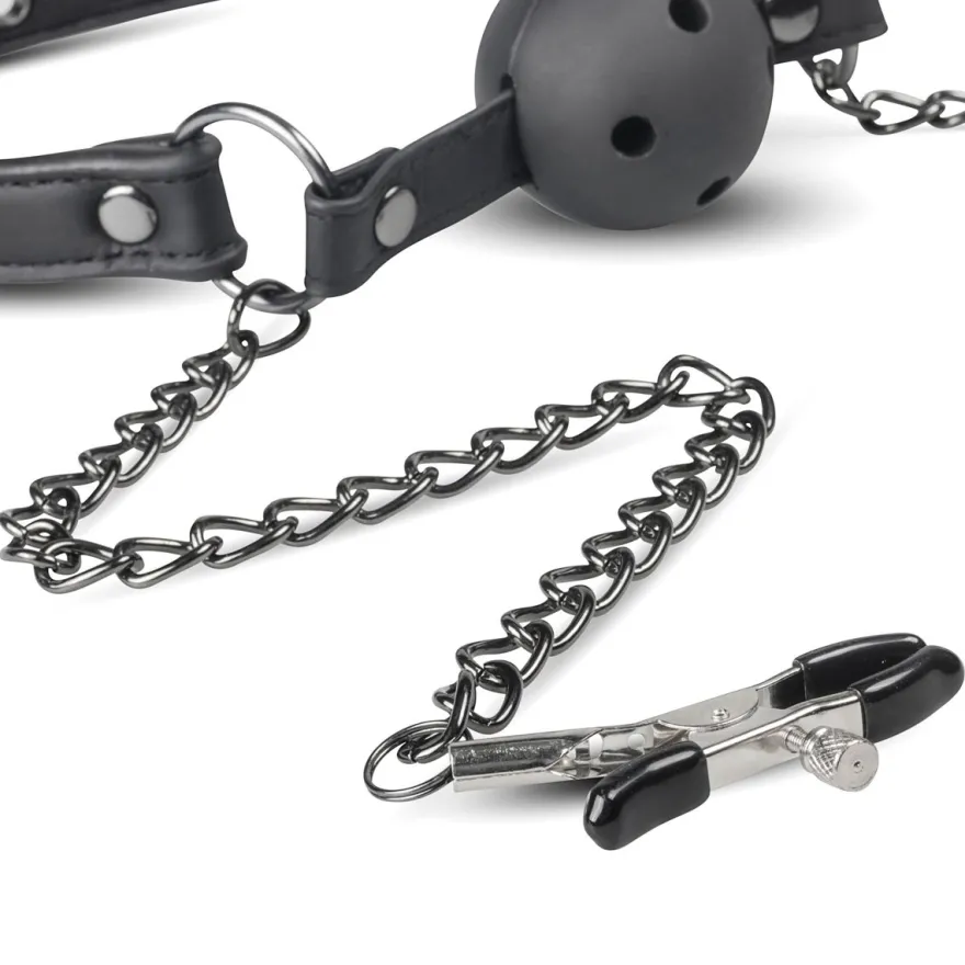 Easytoys Fetish Collection – Open Ball Gag with Nipple Clamps Zwart (1 stuk)