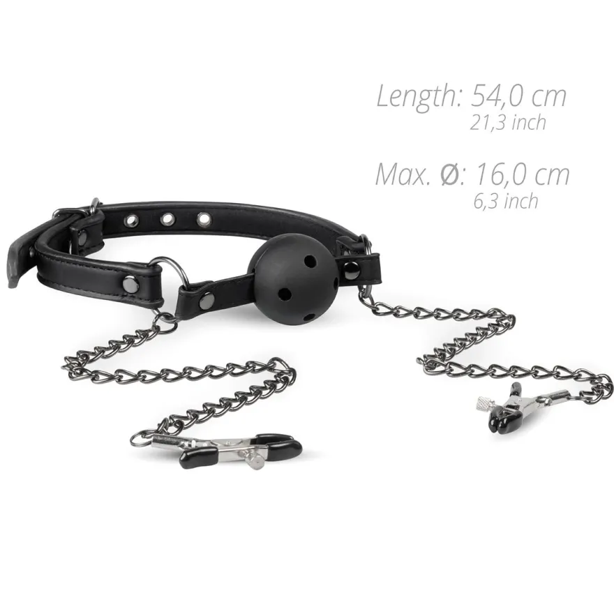 Easytoys Fetish Collection – Open Ball Gag with Nipple Clamps Zwart (1 stuk)