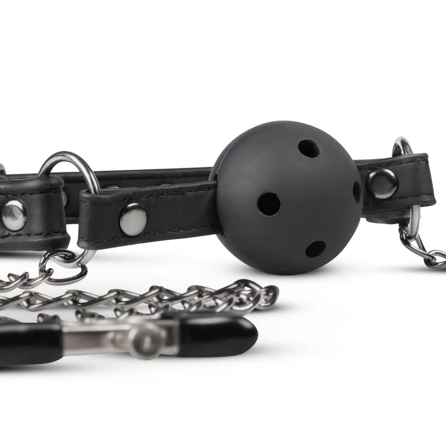 Easytoys Fetish Collection – Open Ball Gag with Nipple Clamps Zwart (1 stuk)