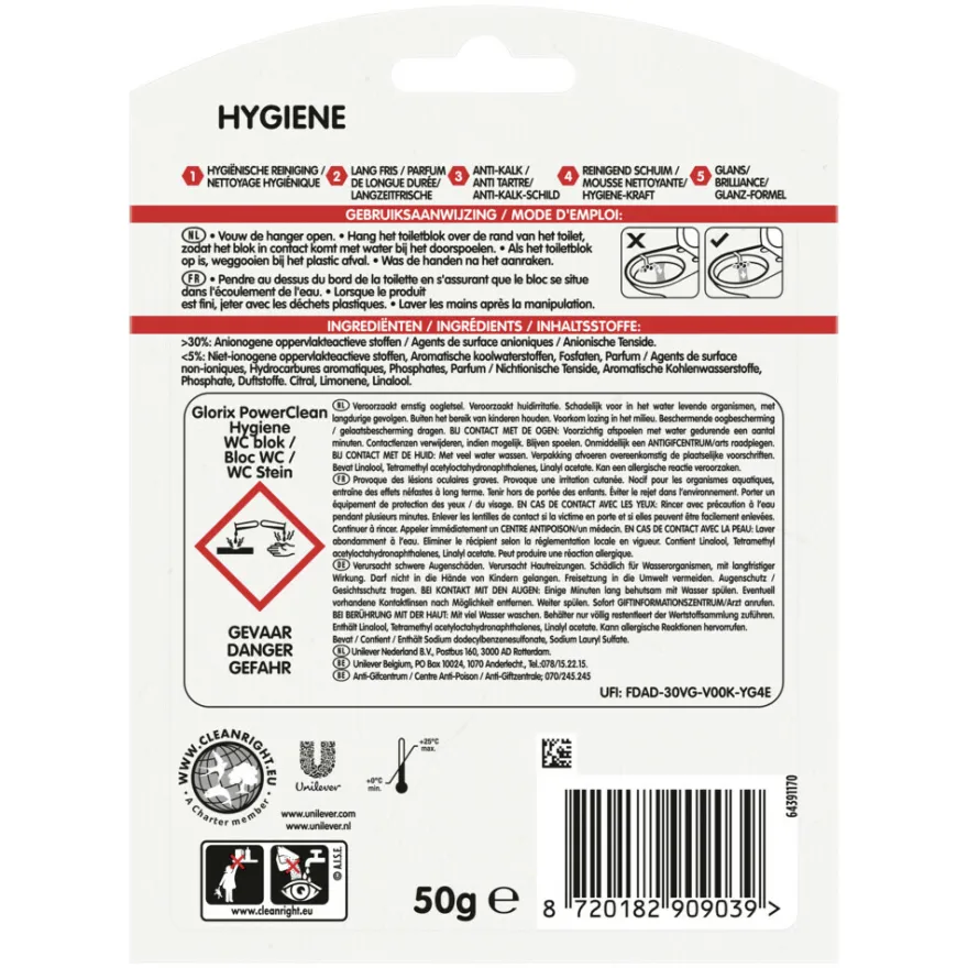 Glorix Toiletblok Power Clean Hygiëne (1 stuk)