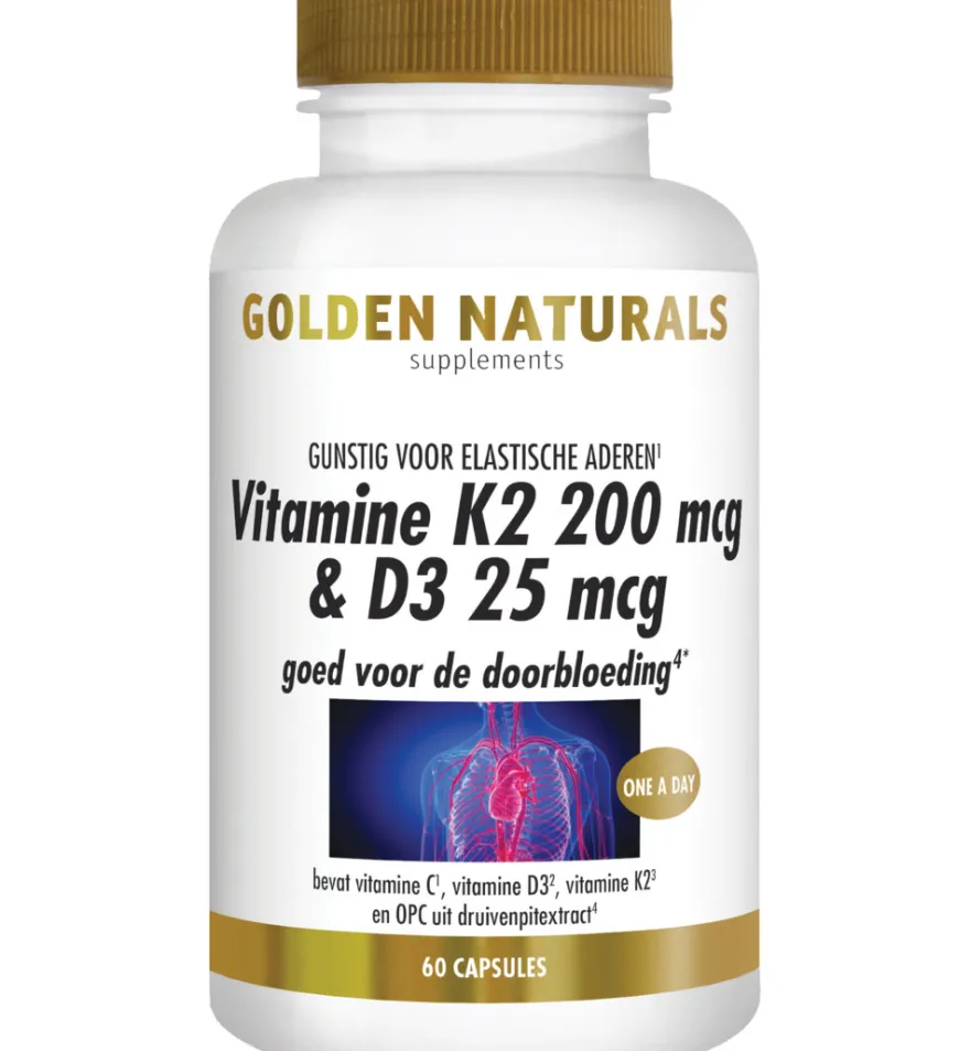 Golden Naturals Vitamine K2 200 mcg & D3 25 mcg (60 vega capsules)