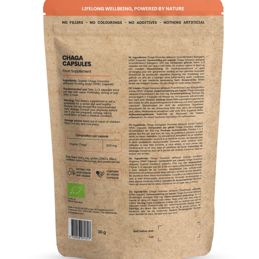 Goyu Chaga Capsules Biologisch – 60 Capsules Paddenstoel Vruchtlichaam (60 capsules)