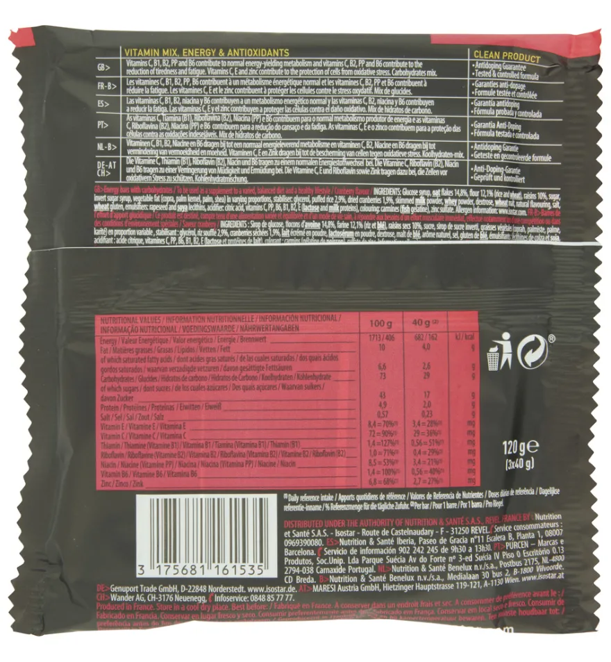 Isostar Energy Sport Bar Cereals Raisin Cranberry 3 X 40G (120 gr)