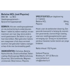 Lamberts Betaine Hcl 324Mg/Pepsine 5Mg (180 tabletten)