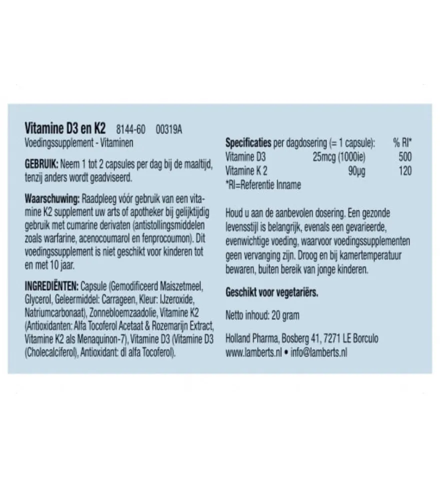 Lamberts Vitamine D3 1000IE en K2 90mcg (60 capsules)