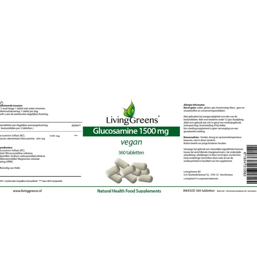 Livinggreens Glucosamine 1500 Vegan (360 tabletten)