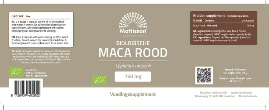 Mattisson Biologische Rode Maca 750Mg (90 capsules)