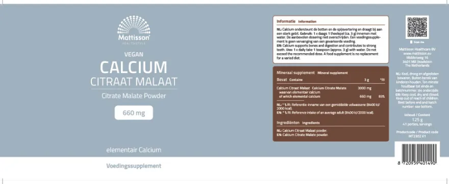 Mattisson Vegan Calcium Citraat Malaat Poeder (125 gr)