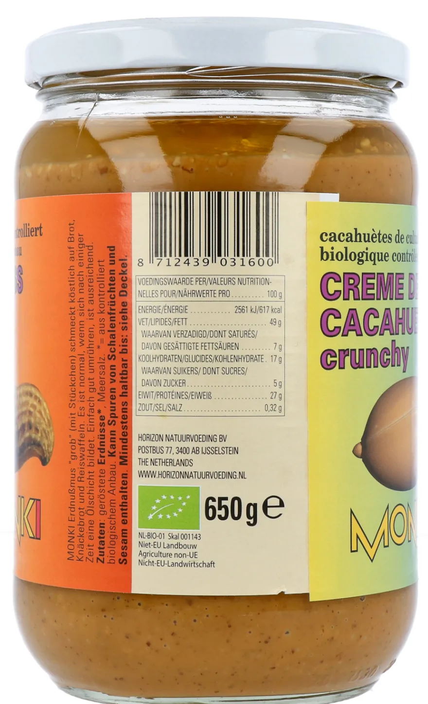 Monki Pindakaas crunchy met zout eko bio (650 gr)