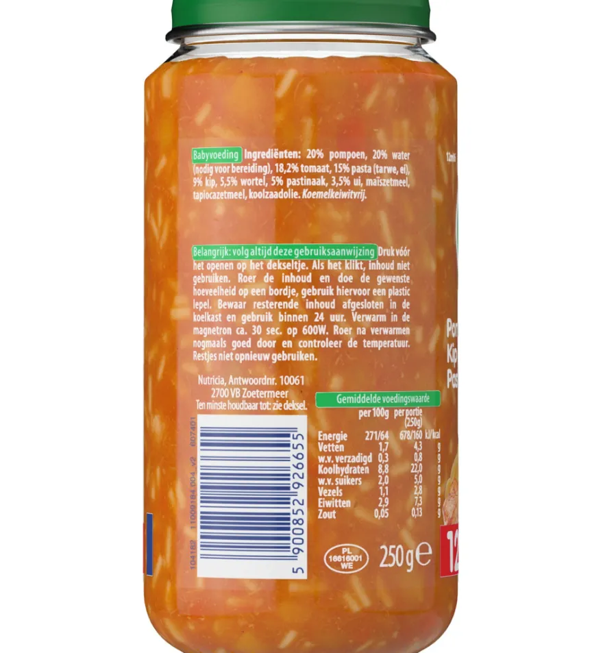 Olvarit Pompoen kip pasta 12M06 (250 gr)