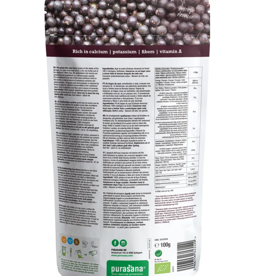 Purasana Acai Bessen Poeder/Poudre Baies D’Acai Vegan Bio (100 gr)