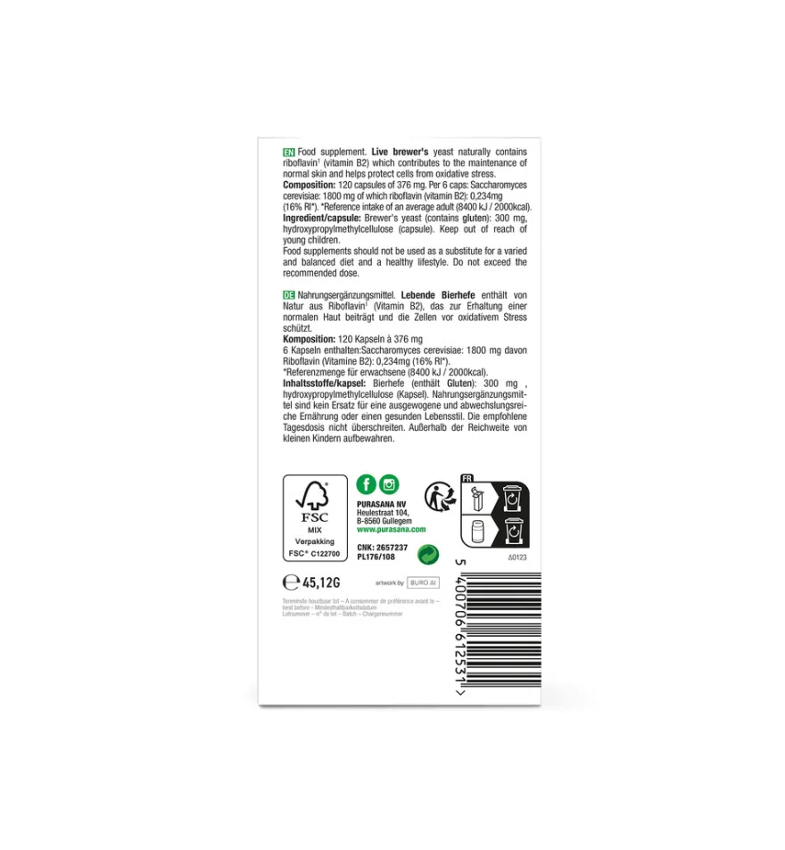Purasana Levende Biergist/Levure De Biere Revivifiable (120 capsules)