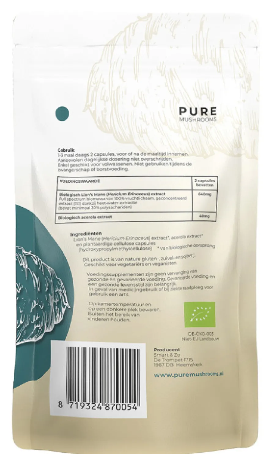 Pure Mushrooms Bio Lions Mane Capsules (60 vegetarische capsules)
