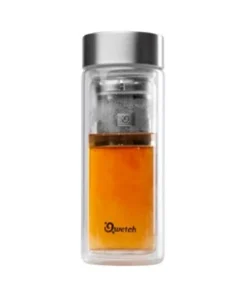 Qwetch Dubbelwandige Glazen Theepot met Geborsteld Roestvrij Staal (320 ml)