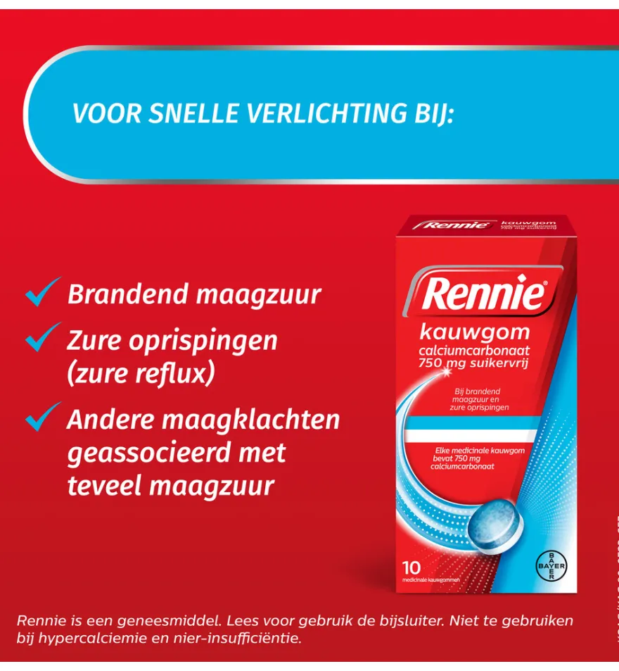 Rennie Kauwgom suikervrij 750mg (10stuks)