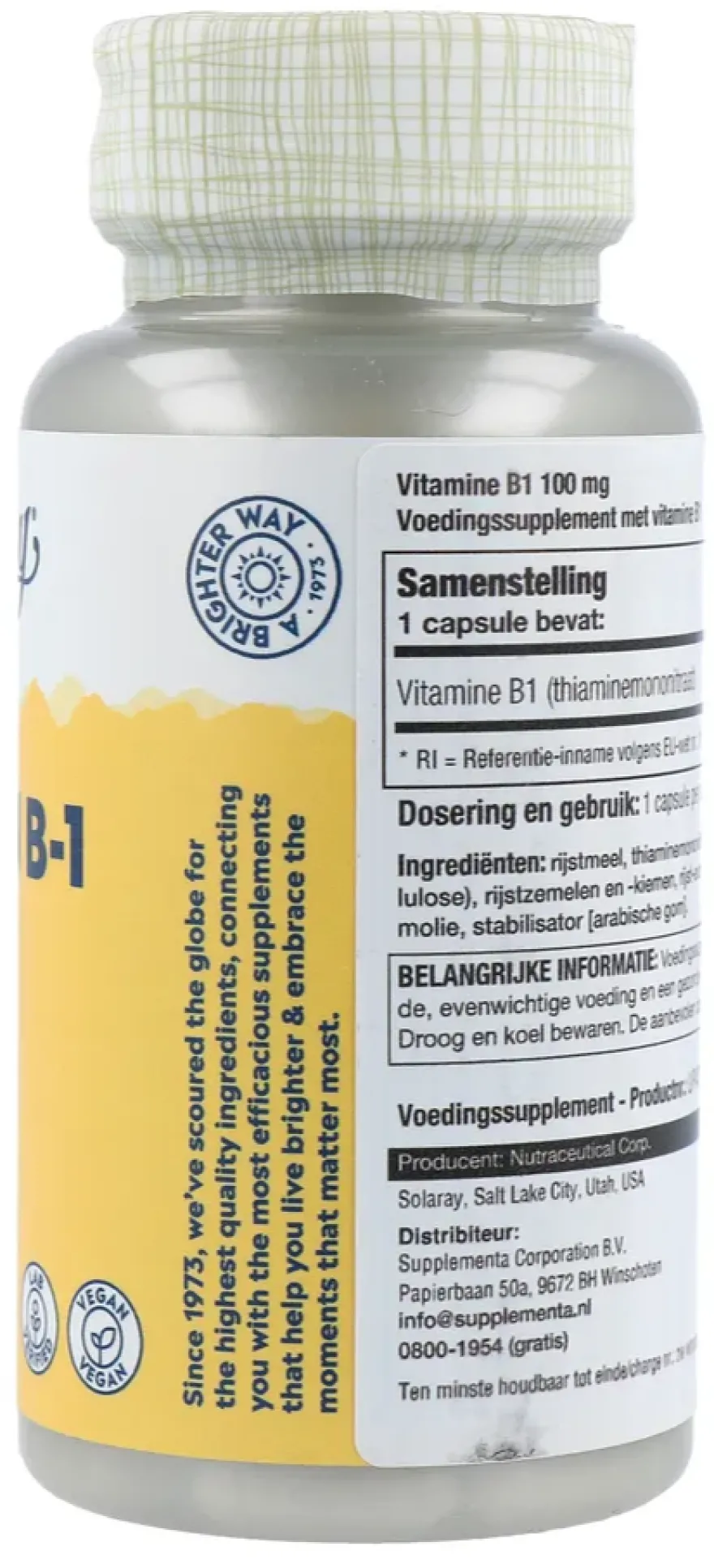Solaray Vitamine B1 100mg Capsules (100 stuks)