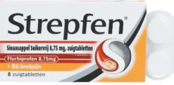 Strepfen Flurbiprofen 8,75mg sinaasappel Suikervrij (8 zuigtabletten)