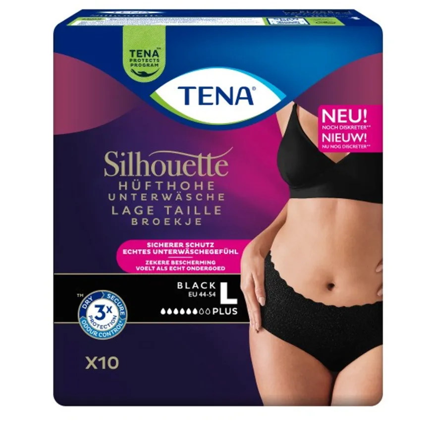 Tena Silhouette Plus Noir – Lage Taille L (10 stuks)