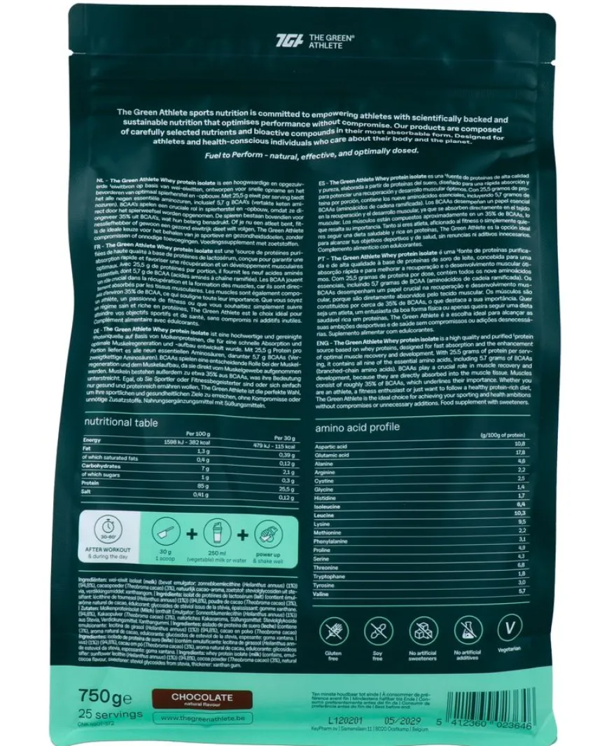 The Green Athlete Whey Protein Isolate Chocolate Poeder (750 gr)
