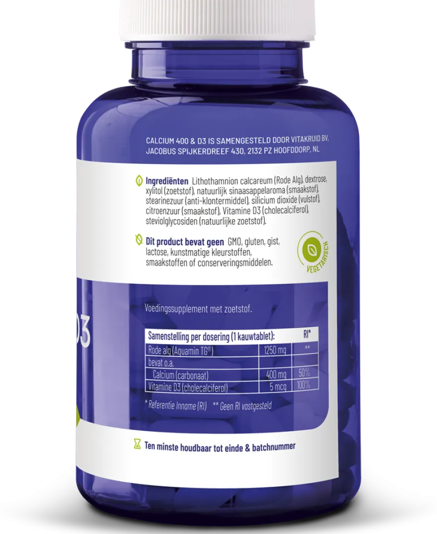 Vitakruid Calcium 400 & D3 uit Duurzame Rode Alg Aquamin TG® (90 kauwtabletten)