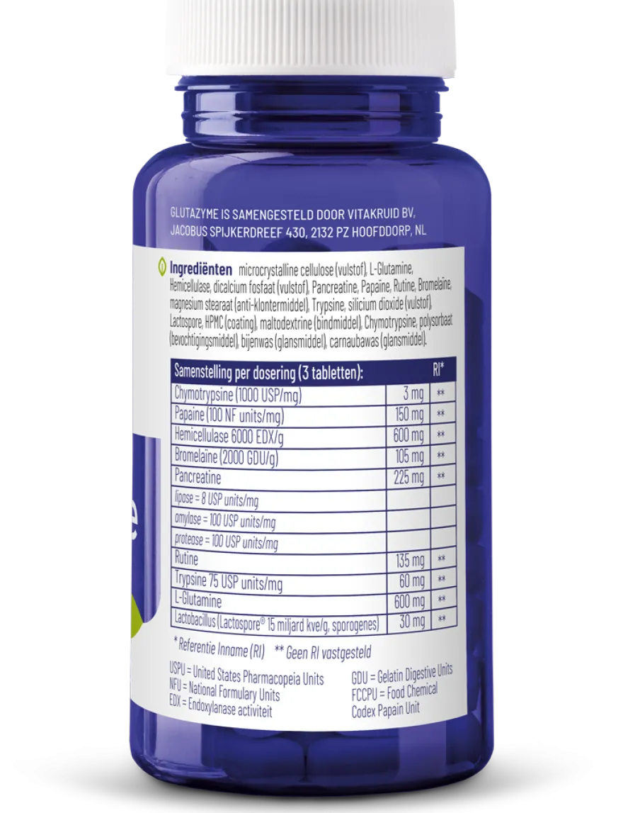 Vitakruid Glutazyme Spijsverteringsenzymen en L-Glutamine (90 tabletten)