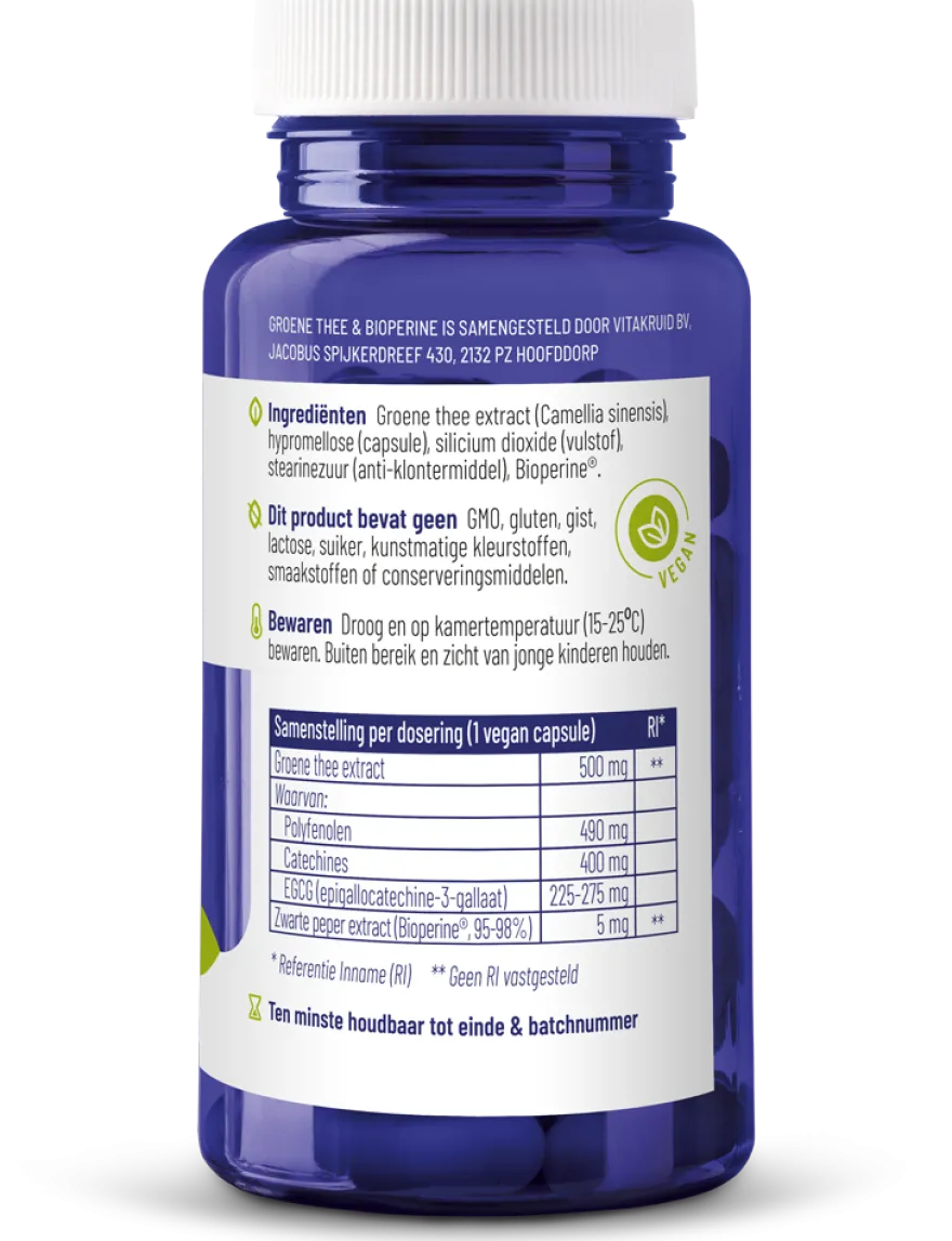 Vitakruid Groene Thee & Bioperine® >50% EGCG >80% Catechines (60 vega capsules)