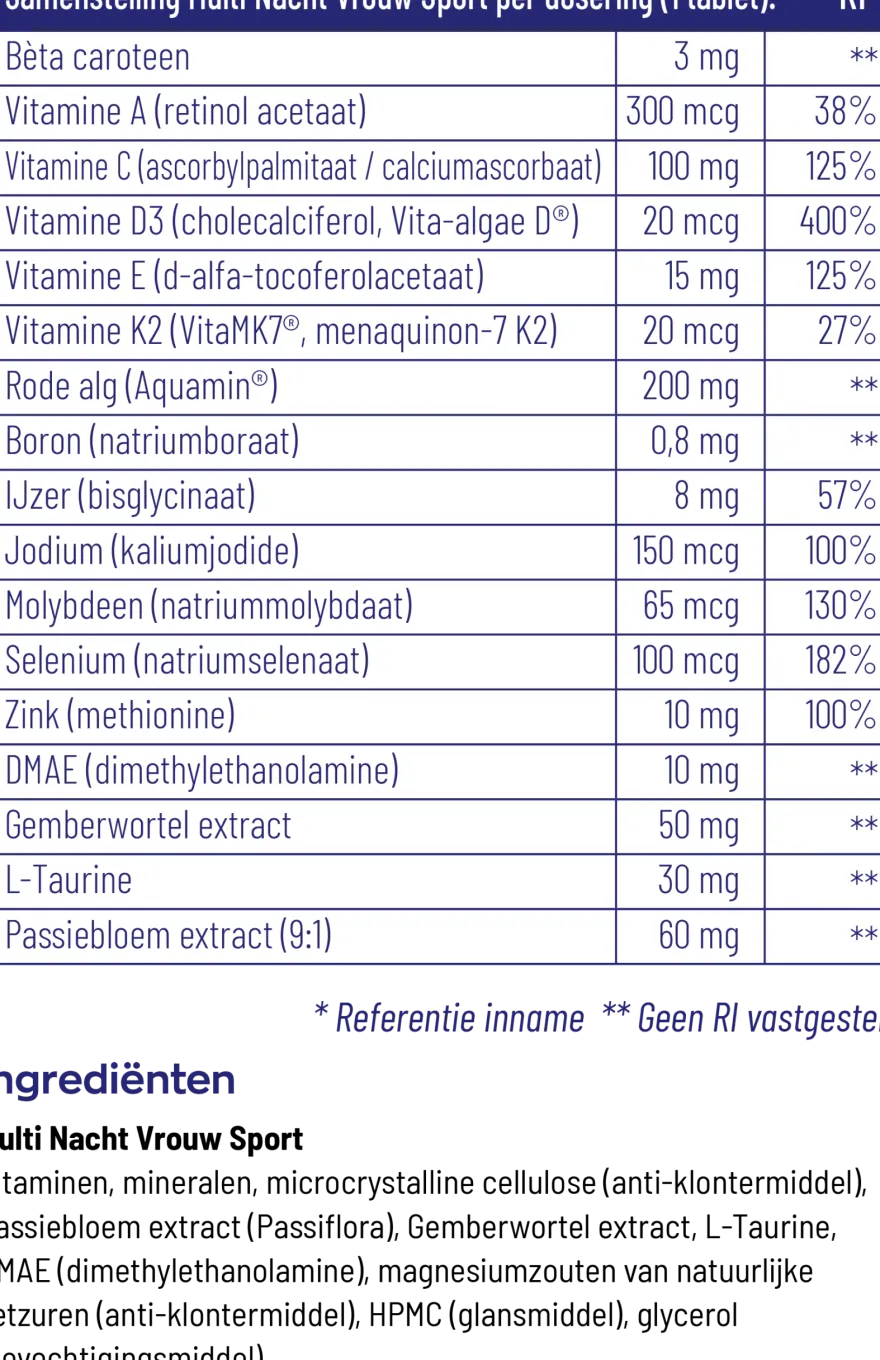 Vitakruid Multi Nacht Vrouw Sport 100% Vegan (90 tabletten)