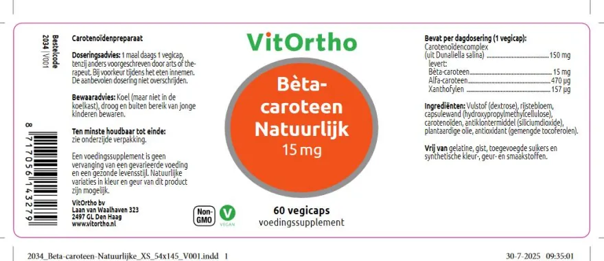 VitOrtho Bèta-caroteen Natuurlijk 15 mg (60 vega capsules)