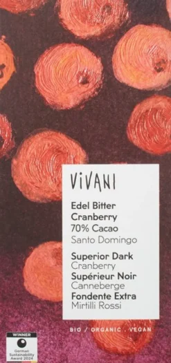Vivani Chocolate Bar Superior Dark Cranberry 70% Cacao (80 gr)