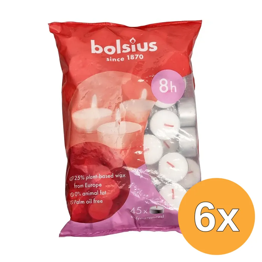 6x Bolsius Duurzaam Theelicht 8-Uur Zak Wit (45 stuks)