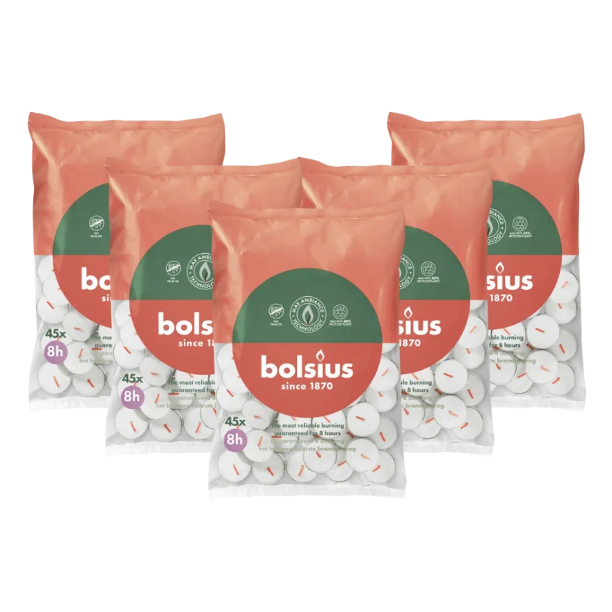5x Bolsius Duurzaam Theelicht 8-Uur Zak Wit (45 stuks)