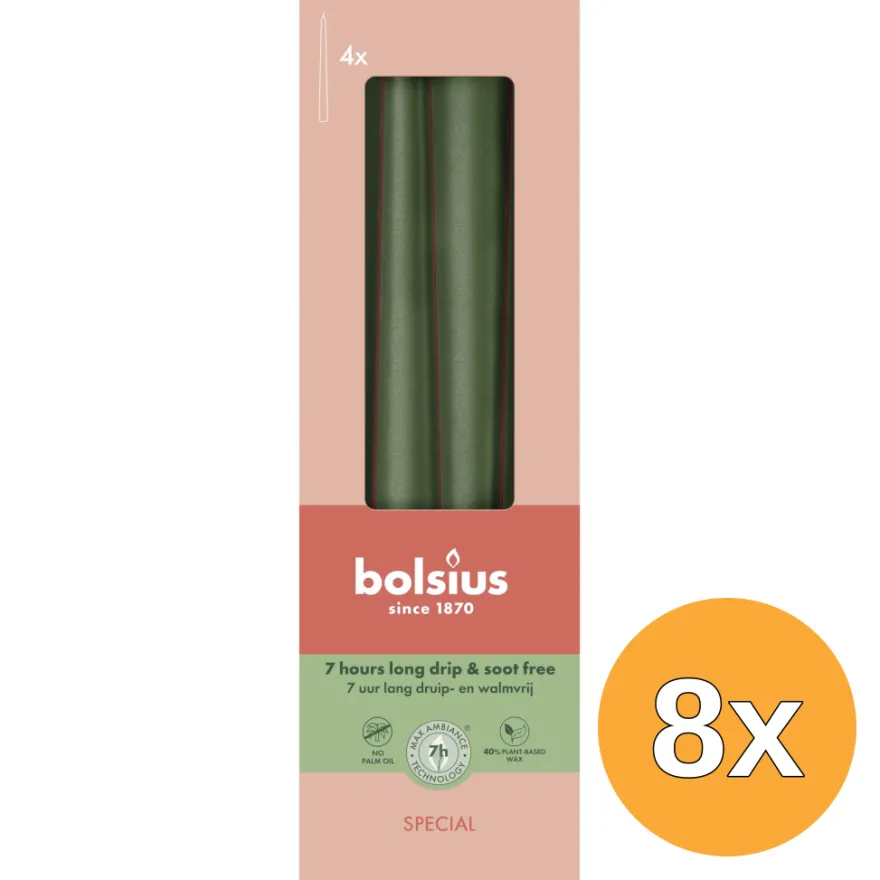 8x Bolsius Gotische kaarsen 245/24 doos 4 metallic Green (4 stuks)