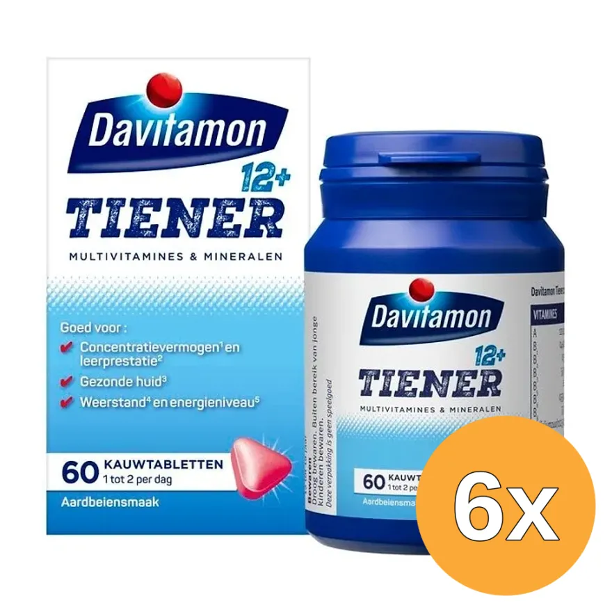 6x Davitamon Tiener 12+ aardbei (60 kauwtabletten)