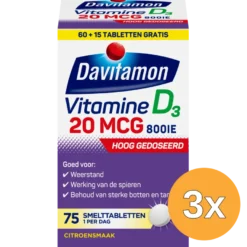 3x Davitamon Vitamine D3 20mcg (75 tabletten)