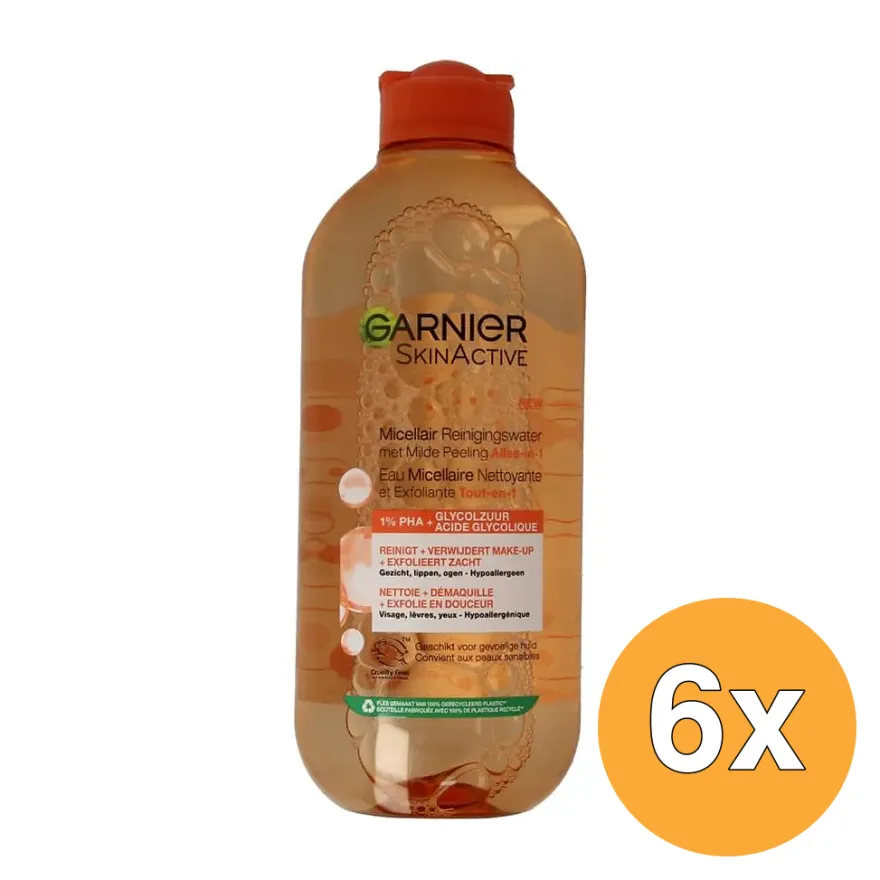 6x Garnier Skin Active Micellair Reinigingswater Met Peeling Alles in 1 (400 ml)