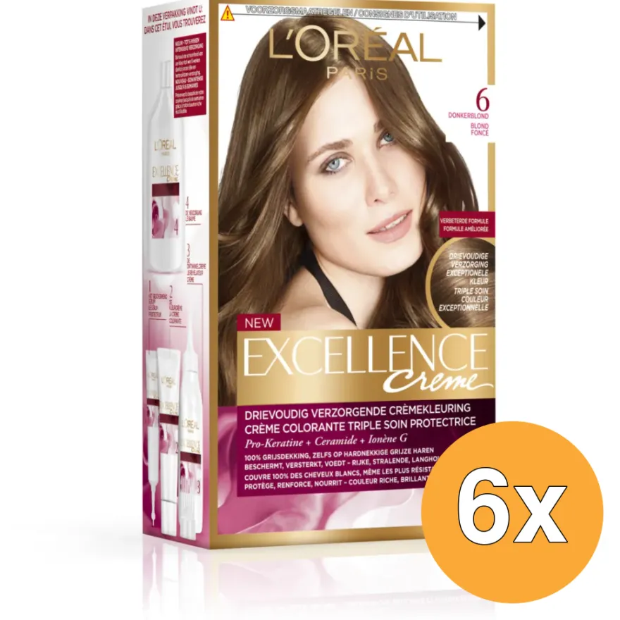 6x L’Oréal Paris Excellence Creme 6 Donkerblond (1 set)