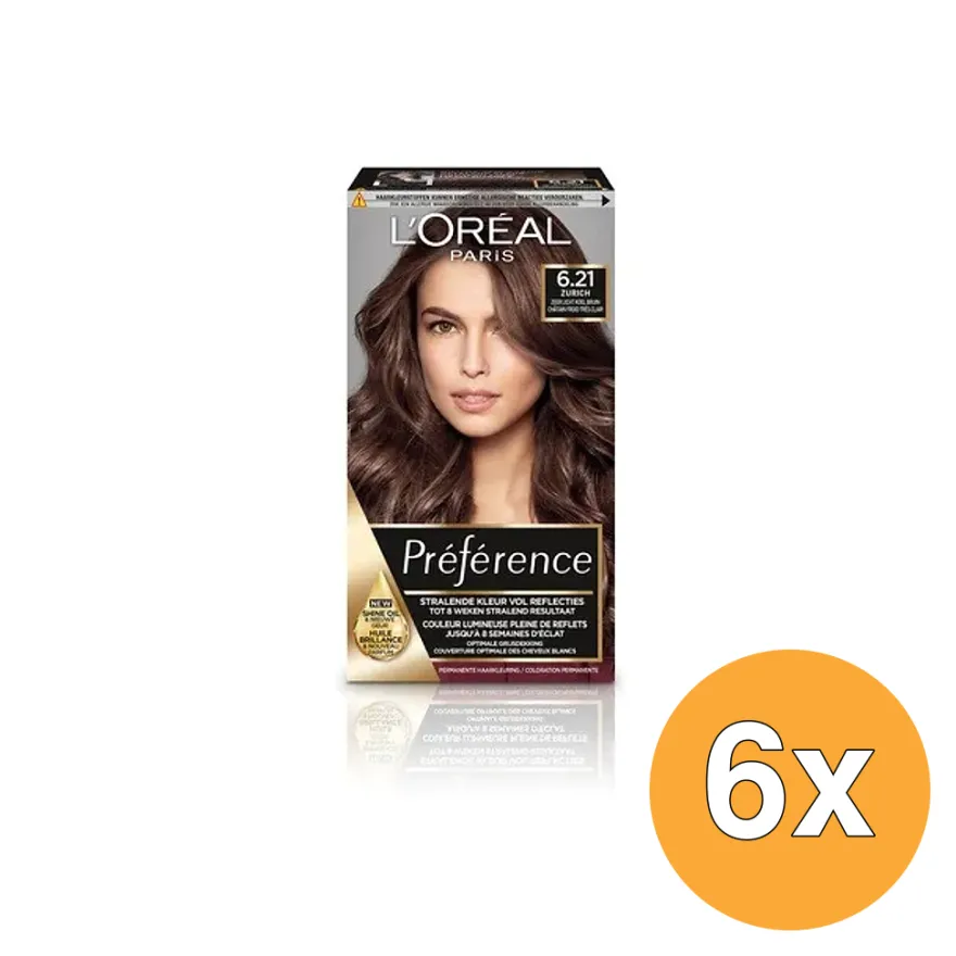 6x L’Oréal Paris Preference 6.21 Zeer Licht Koelbruin (1 set)